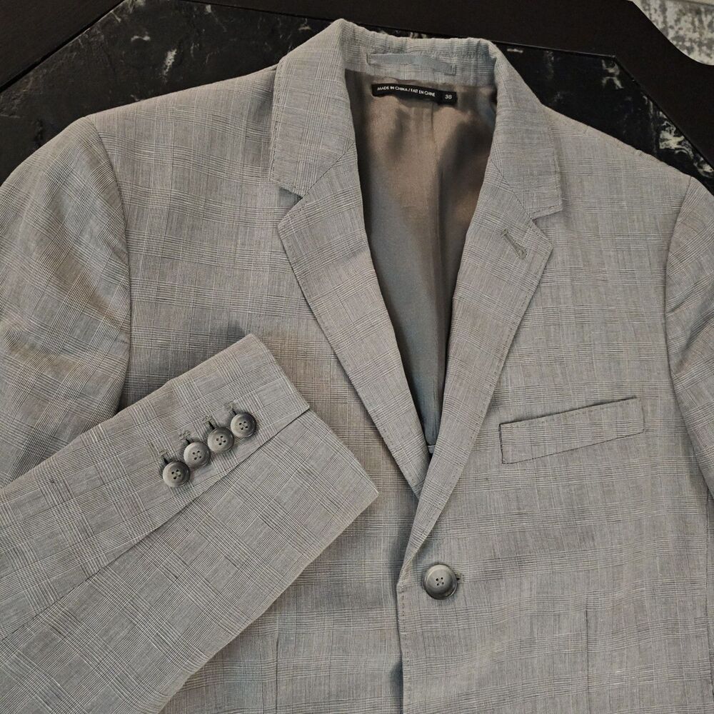 Club Monaco Mens 38R Gray Linen Blend Sport Coat Blazer Glen Plaid 3 Button